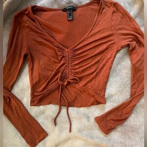 Forever 21 Rust Ruched Lace Up Long Sleeve Crop Top